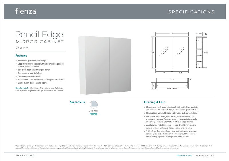 Fienza Pencil Edge 750 Mirror Cabinet