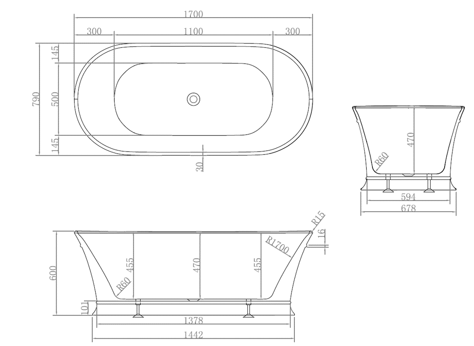 Ovia 1700mm Federation Hampton Gloss White Freestanding Bath