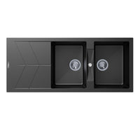 Aquaperla 1160 x 500 x 210mm Carysil Double Bowl Drainer Board Granite Kitchen Sink Top/Flush/Under Mount - Black