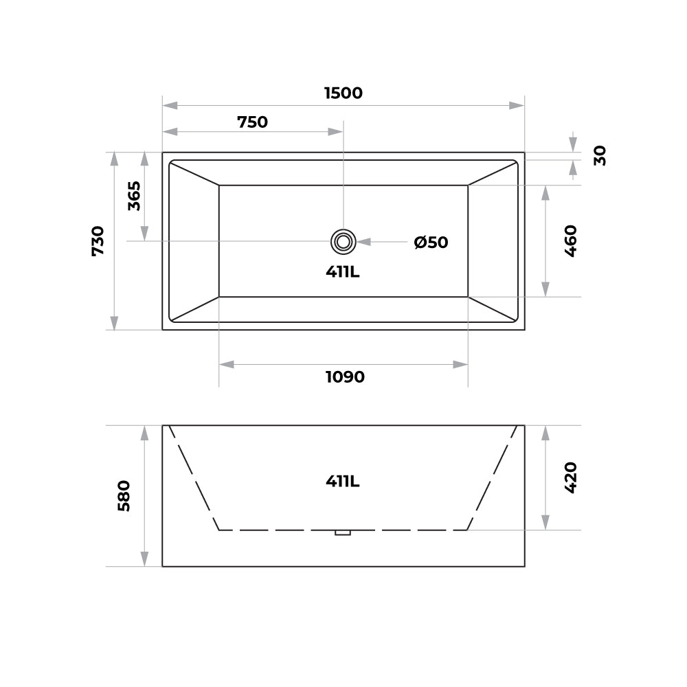 1500x730x580mm Theo Bathtub Multi fit Corner Back to Wall Freestanding Acrylic Matt White Bath tub NO Overflow