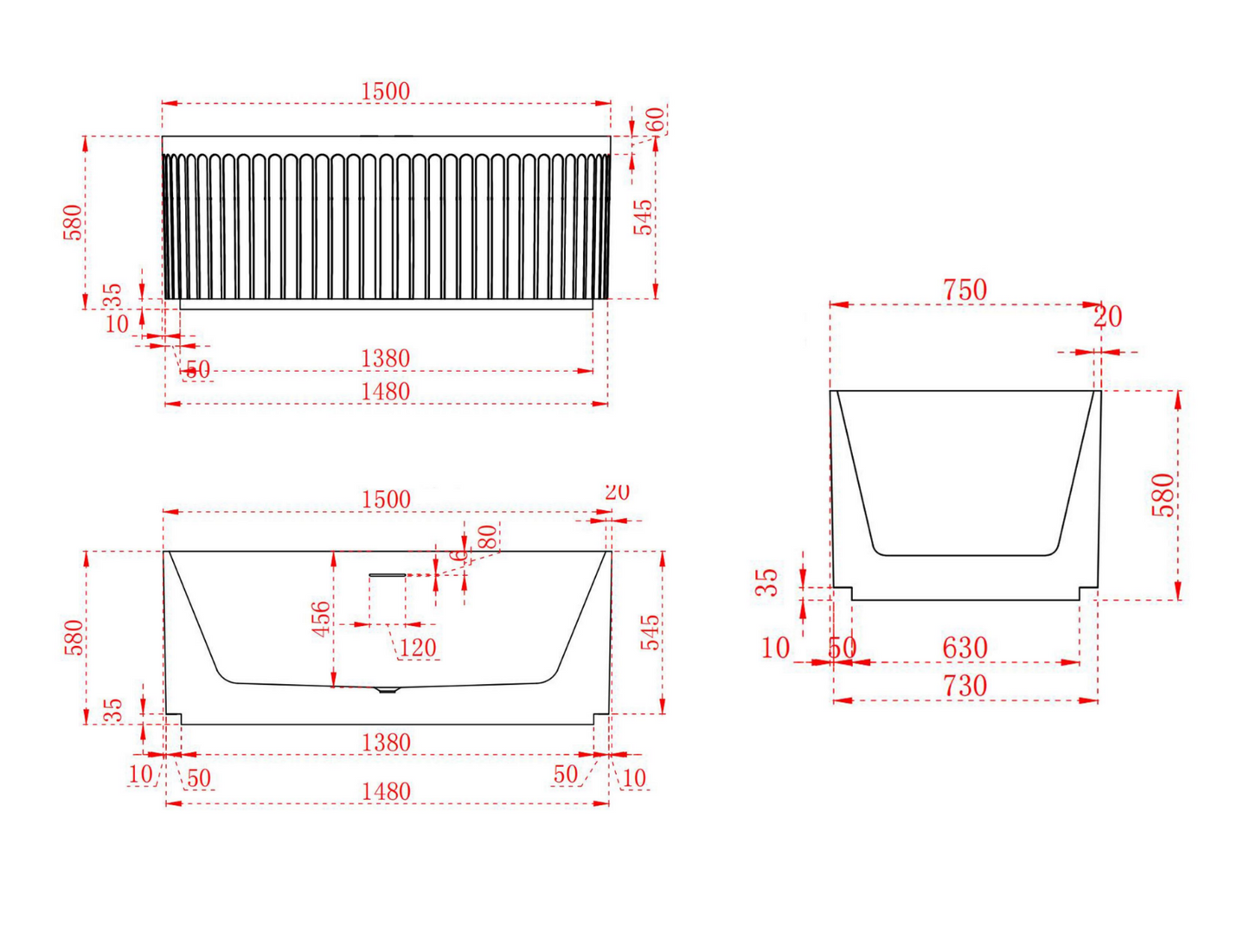 1500mm Artemis V Groove Fluted Free Standing Matte White Bath Tub No Overflow