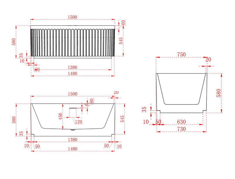 1500mm Artemis V Groove Fluted Free Standing Matte White Bath Tub No Overflow