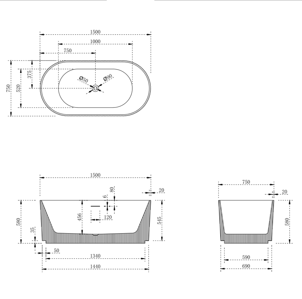 Ovia 1500mm V-Groove Fluted Round Freestanding Bath Matte White