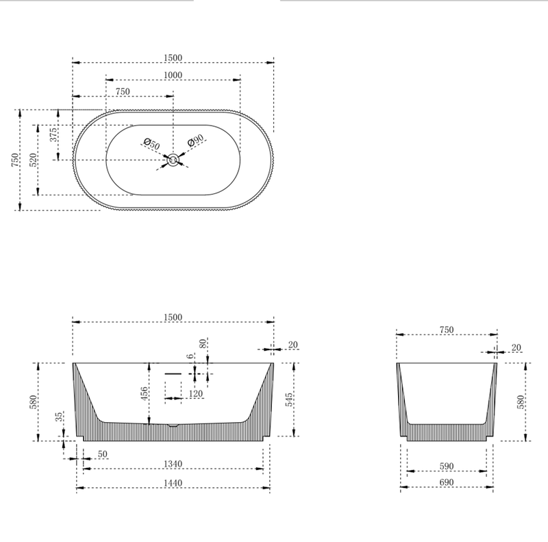 Ovia 1500mm V-Groove Fluted Round Freestanding Bath Matte White
