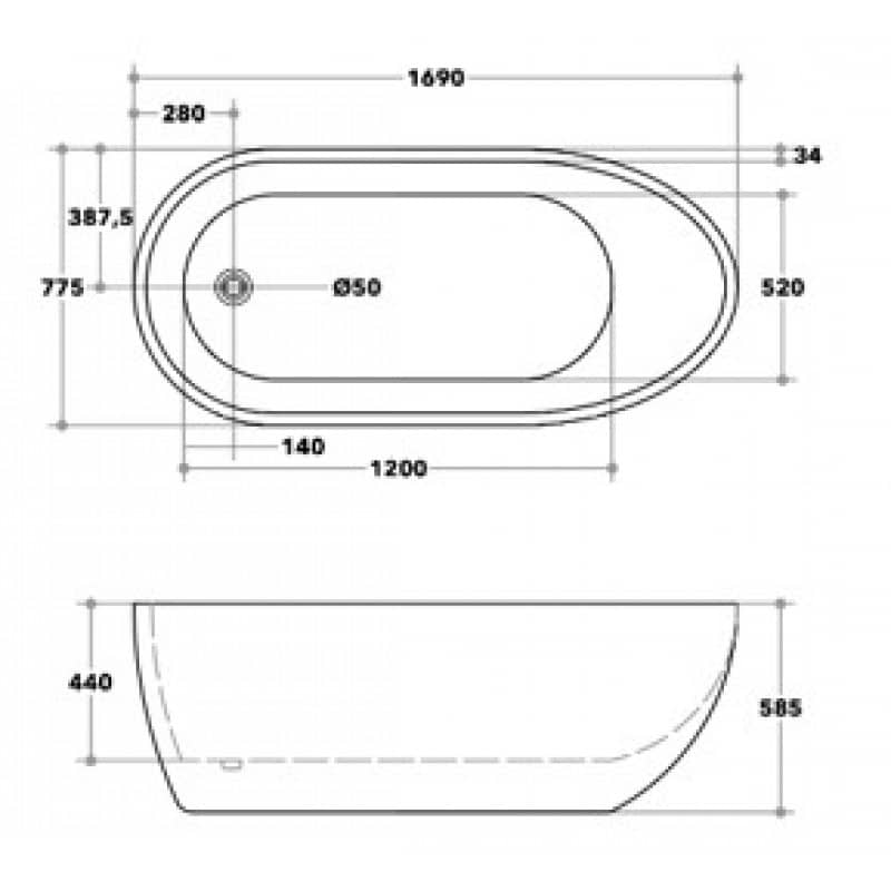 1690x775x585mm Veda Freestanding Acrylic Black & White Bathtub Slim Edge