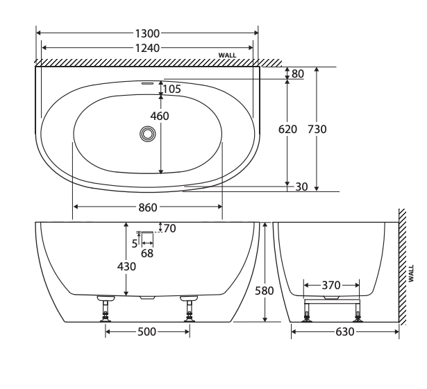 Ovia 1300mm Back to Wall Vienna Bath Tub Gloss White
