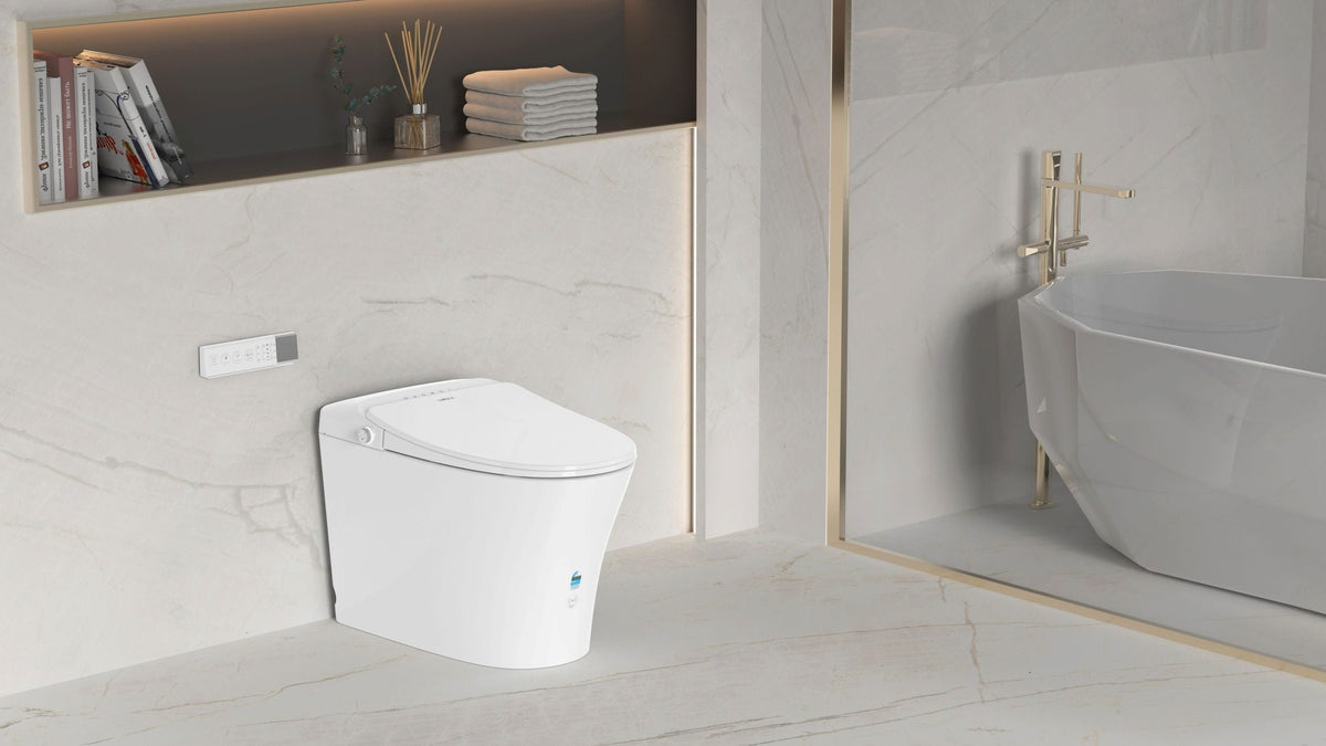 Wall-hung toilet styled in a contemporary bathroom