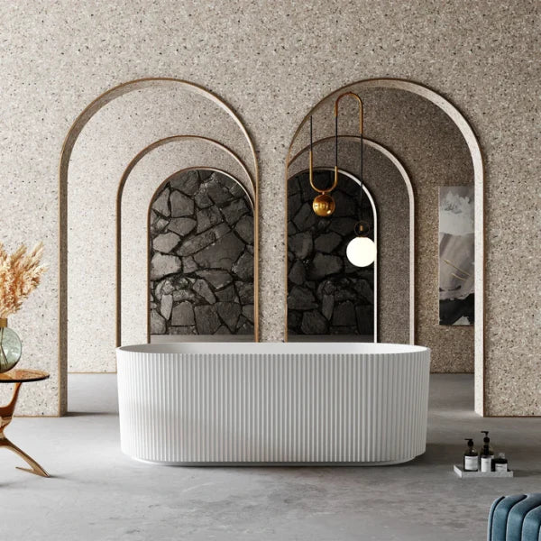 Ovia 1500mm V-Groove Fluted Round Freestanding Bath Matte White