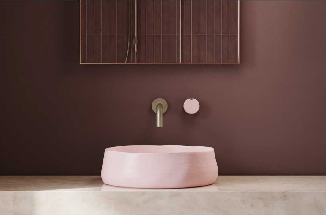 Meir x Nood Co Alchemy wall tapware with a pink concrete handle and basin