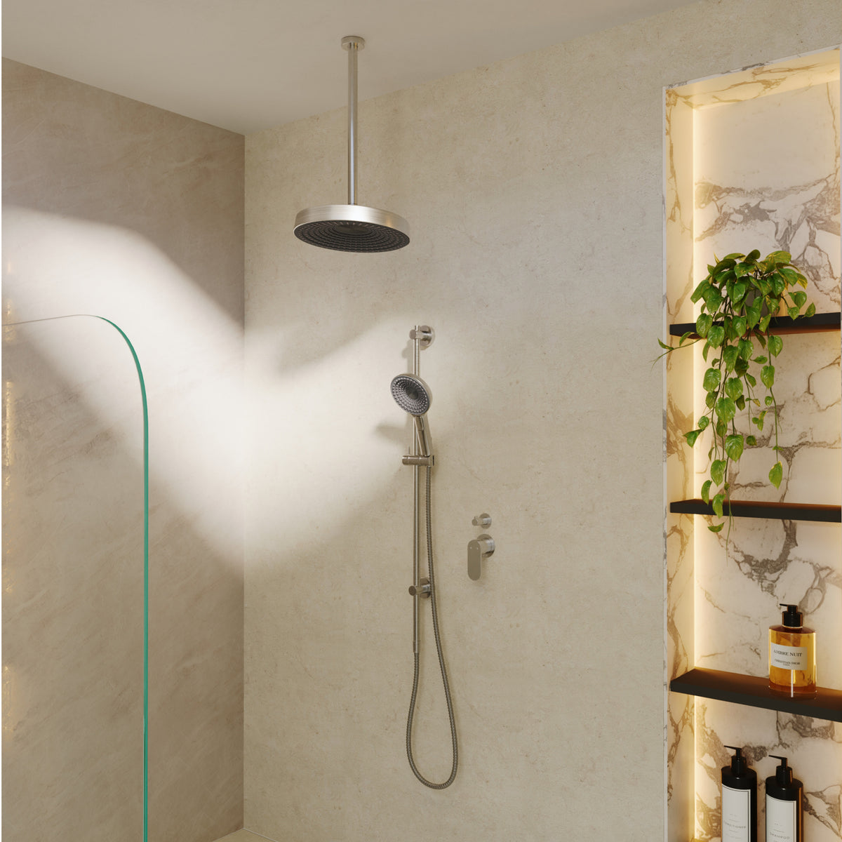 Fienza Kuro shower in a warm stone bathroom