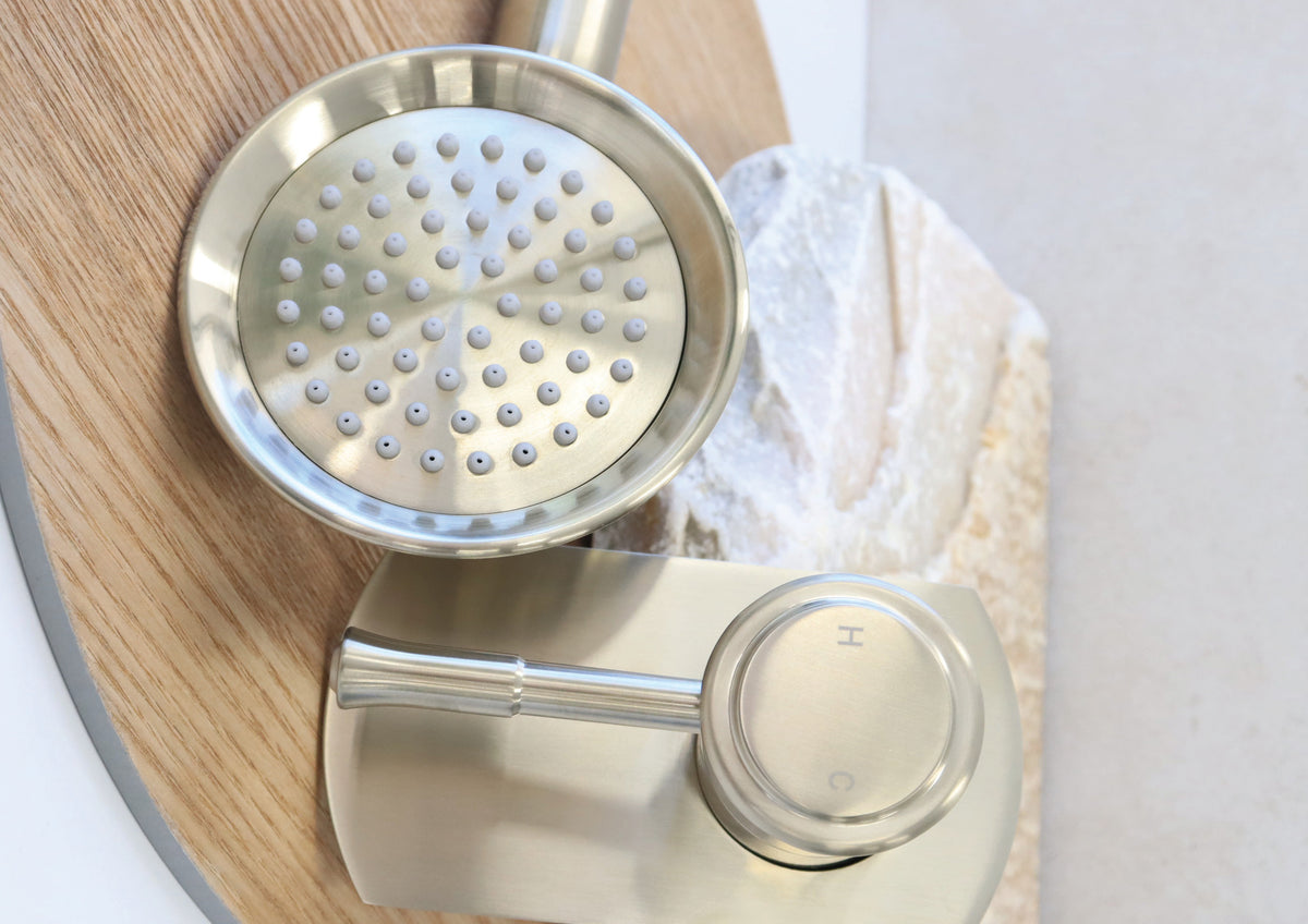 Modern National Montpellier shower mixer and hand shower styled with timber and marble