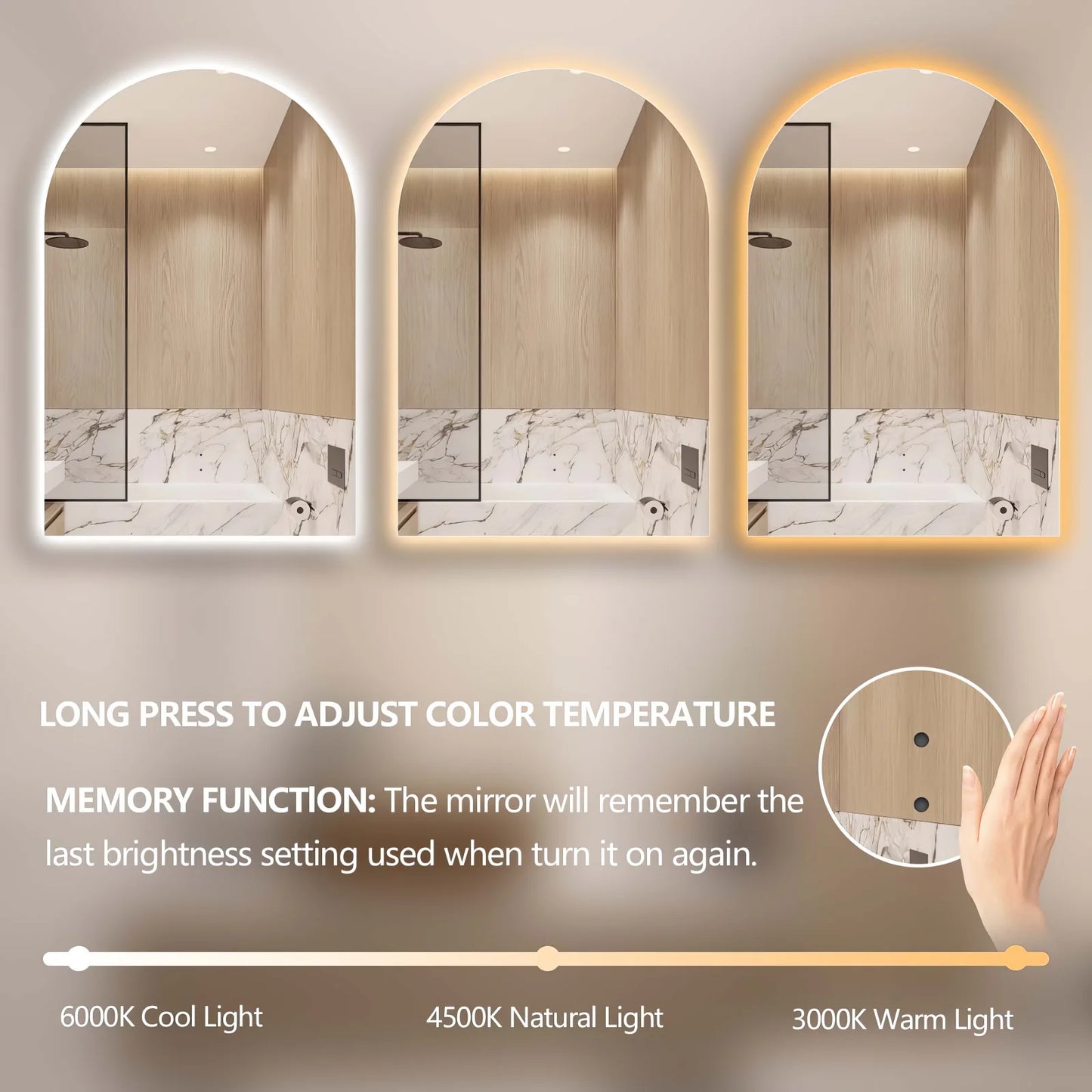 Ovia Arc Frameless 500x900mm Arched Touchless LED Mirror Tri-Color Lighting