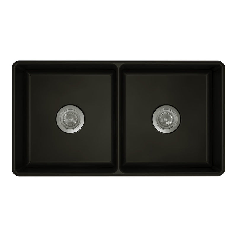 Ovia 835x459x254mm Fine Fireclay Butler Sink Double Bowl Farmhouse Kitchen Sink Matte Black