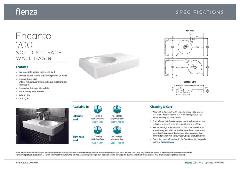 ENCANTO 700 Solid Surface Wall-Hung Basin, Left-Hand Bowl with Overflow