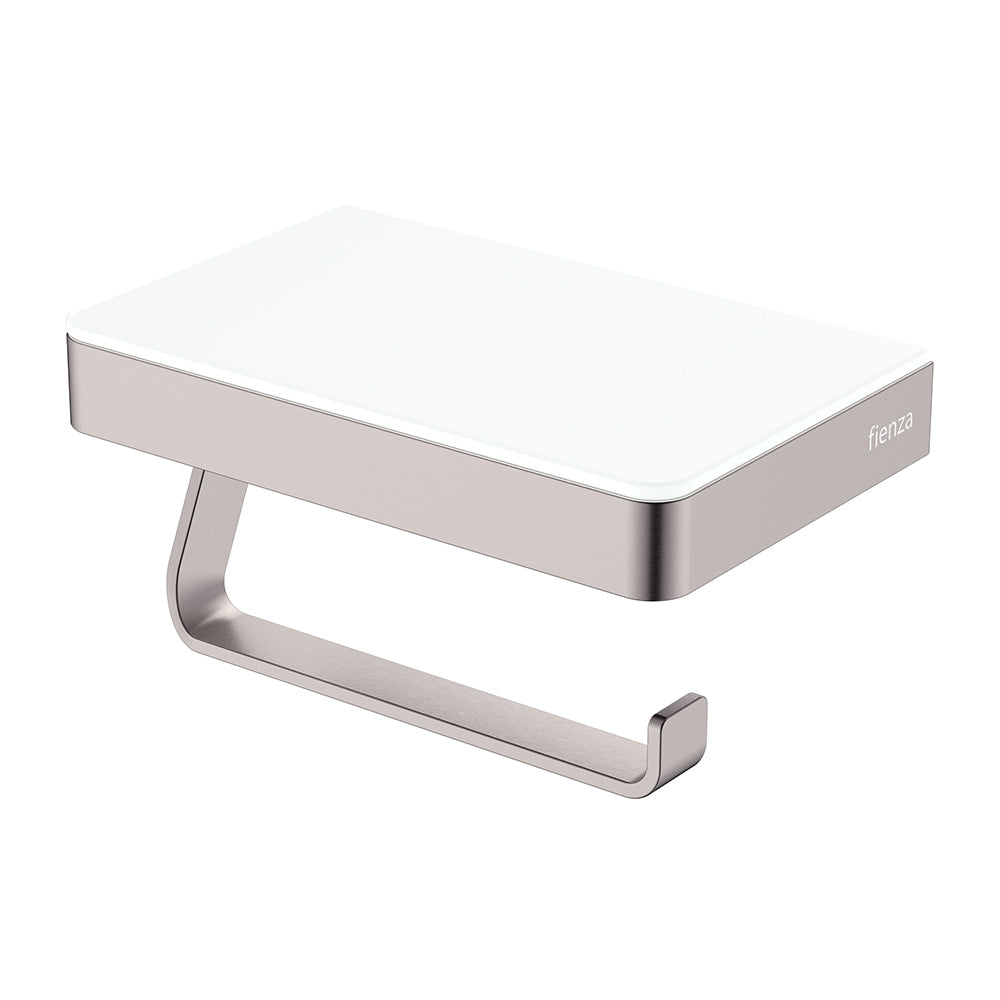Fienza Tono Toilet Roll Holder with Glass Shelf, Brushed Nickel