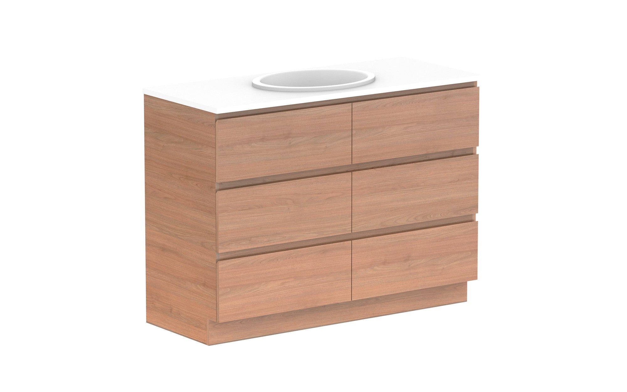 Glacier Full Depth All Drawer vanity, Trio 1200 centre bowl, product render [glacier-all-drawer-benchtop-trio-1200-centre2024]