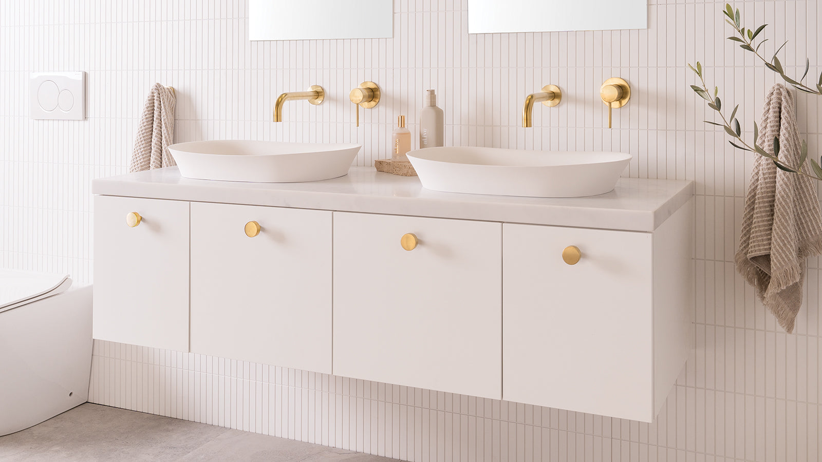 Glacier Full Depth Door and Drawer vanity in matte white with a Carrera top, angled view [glacier-dd-slim-1500-double_matte-white-poly_carrera_angle_web-16x9]