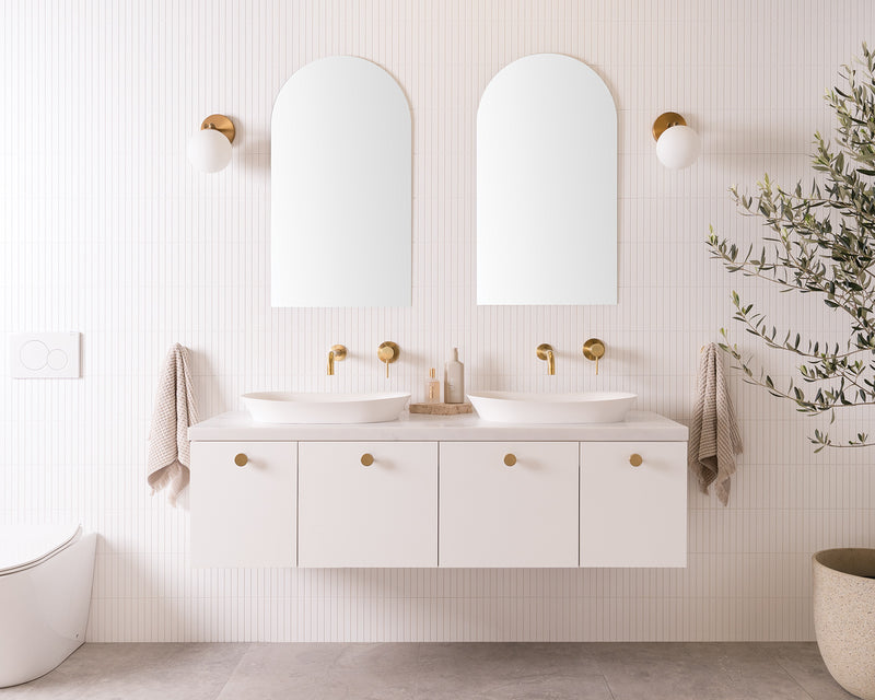 Glacier Full Depth Door and Drawer vanity, Slim 1500 double bowl in matte white with a Carrera top [glacier-dd-slim-1500-double_matte-white-poly_carrera_front_web]