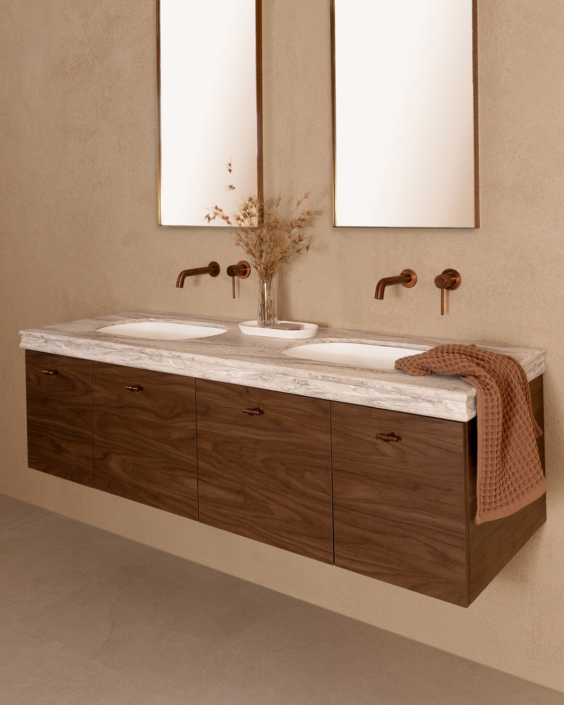 Glacier Full Depth Door and Drawer vanity, 1500 double bowl in sepia walnut with a Nimbus Royale top [Glacier Door & Drawer, 1500 double bowl (sepia walnut, nimbus royale) angle]