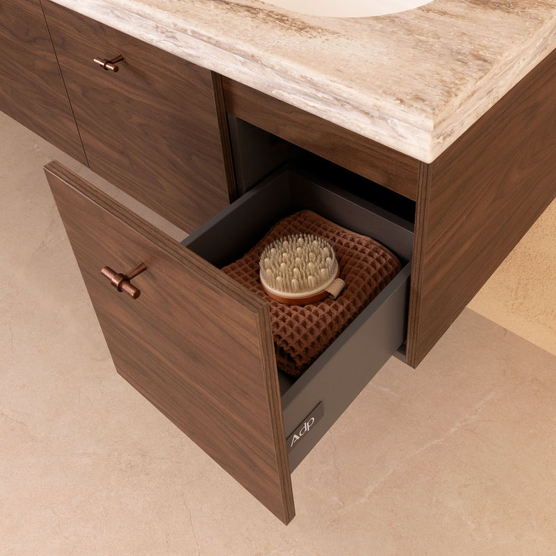Glacier Full Depth Door and Drawer vanity, drawer interior detail [Glacier Door & Drawer, 1500 double bowl (sepia walnut, nimbus royale) drawer detail]