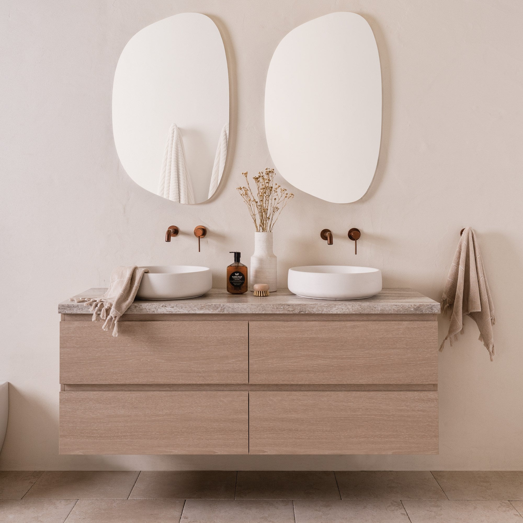 ADP Glacier Full Depth vanity, All Drawer Twin in Coastal Oak with a Nimbus top [glacier-fd-ad-twin_coastal-oak_nimbus_front_light_1x1-v2_web]