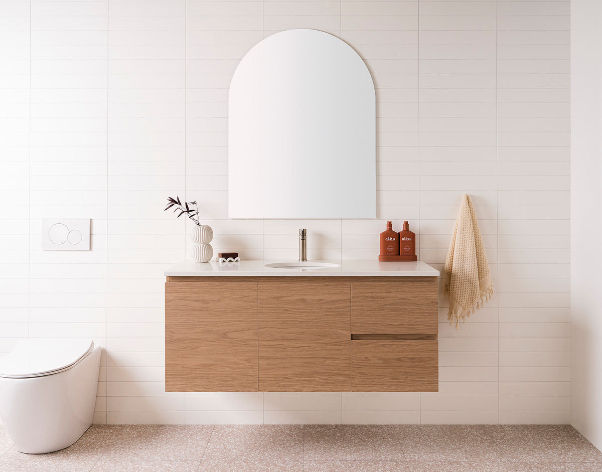 Glacier Full Depth Door and Drawer vanity, Twin 1200 centre bowl in Boston Oak [Glacier Quartz 1200 Twin_Boston Oak_Front_web2]