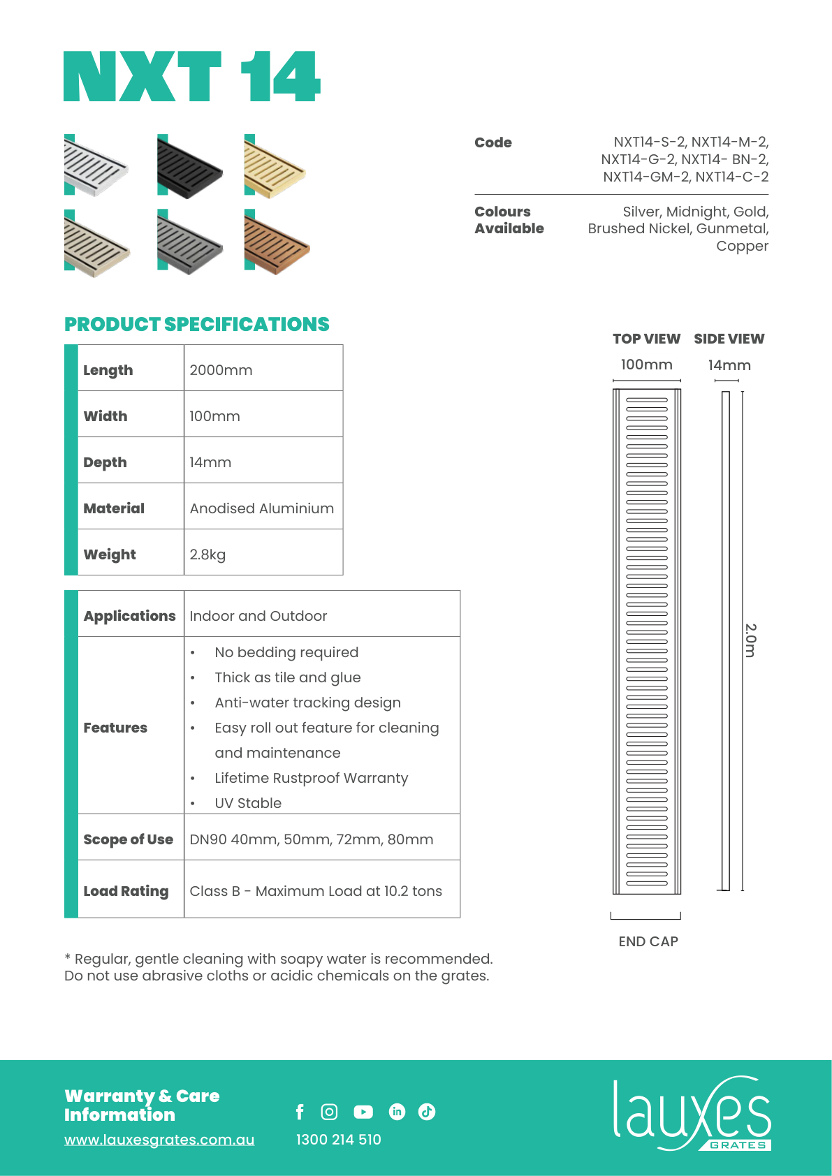 Lauxes NXT14 2000mm dimension drawing and specifications