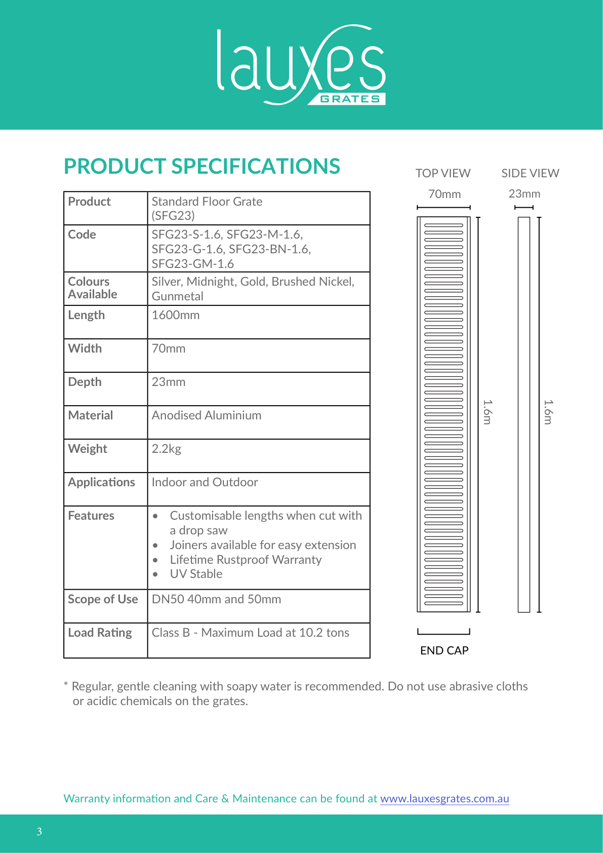 Lauxes SFG23 1600mm dimension drawing and specifications