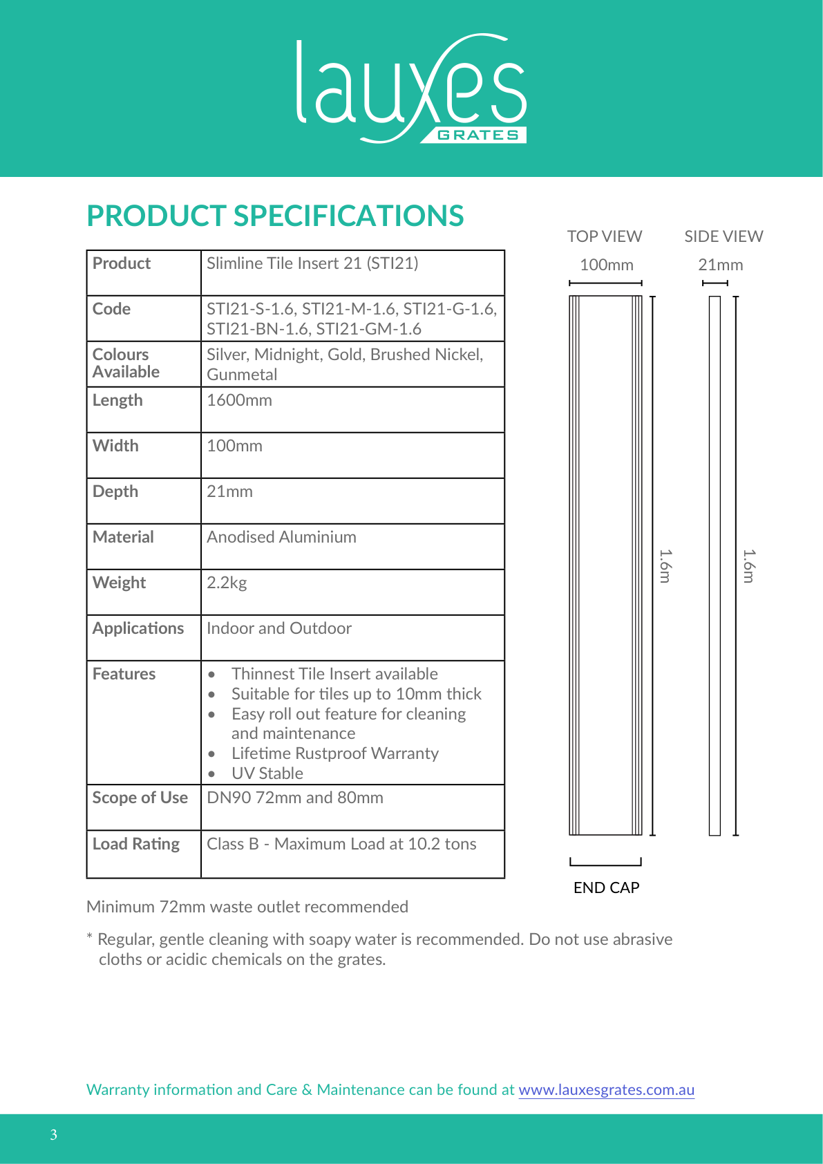 Lauxes STI21 1600mm dimension drawing and specifications