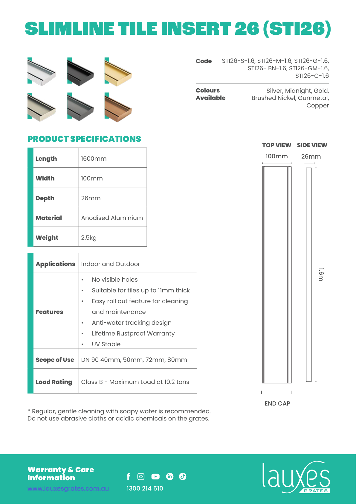 Lauxes STI26 1600mm dimension drawing and specifications