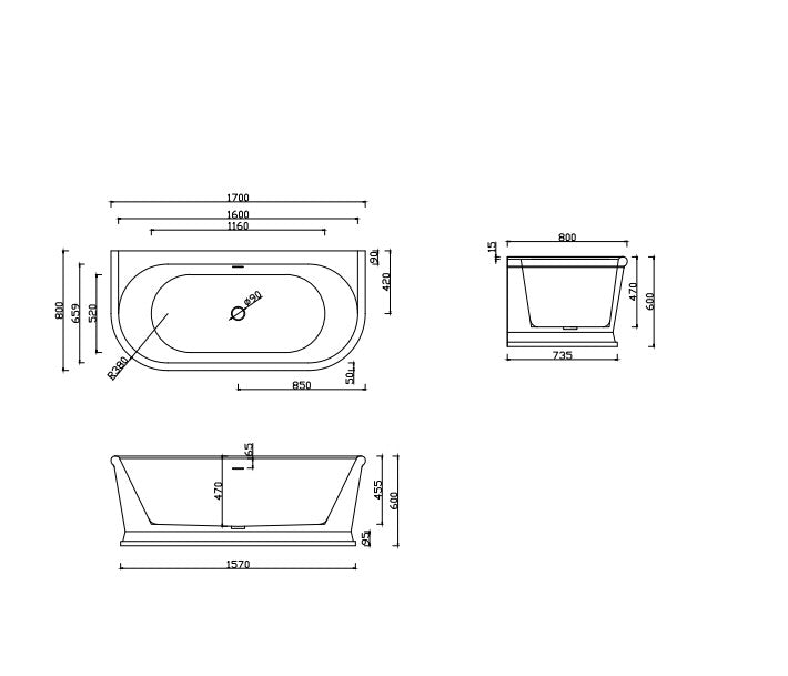 Lukka Dulwich 1700mm bath dimensional drawing, 1700 x 800 x 600mm