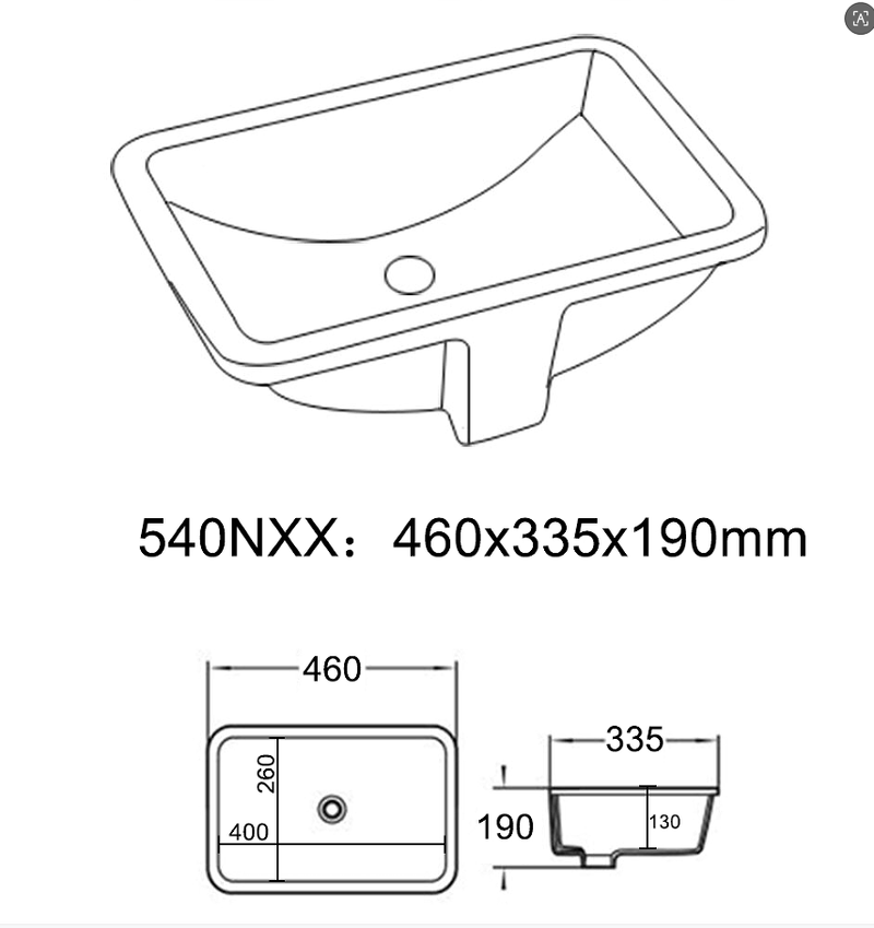 Lukka Crete 460mm Undermount Basin - Gloss White - line drawing