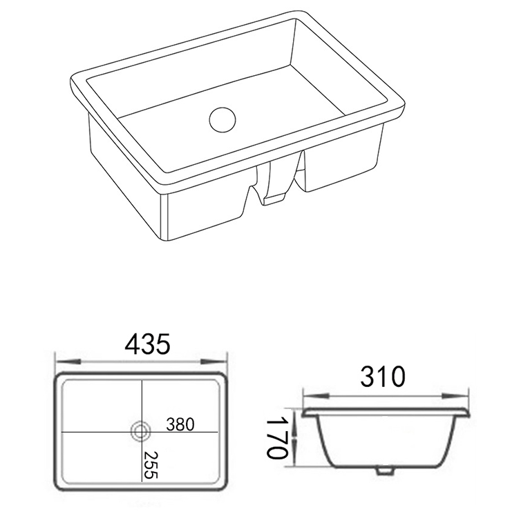 Lukka Crete 435mm Undermount Basin - Gloss White - line drawing
