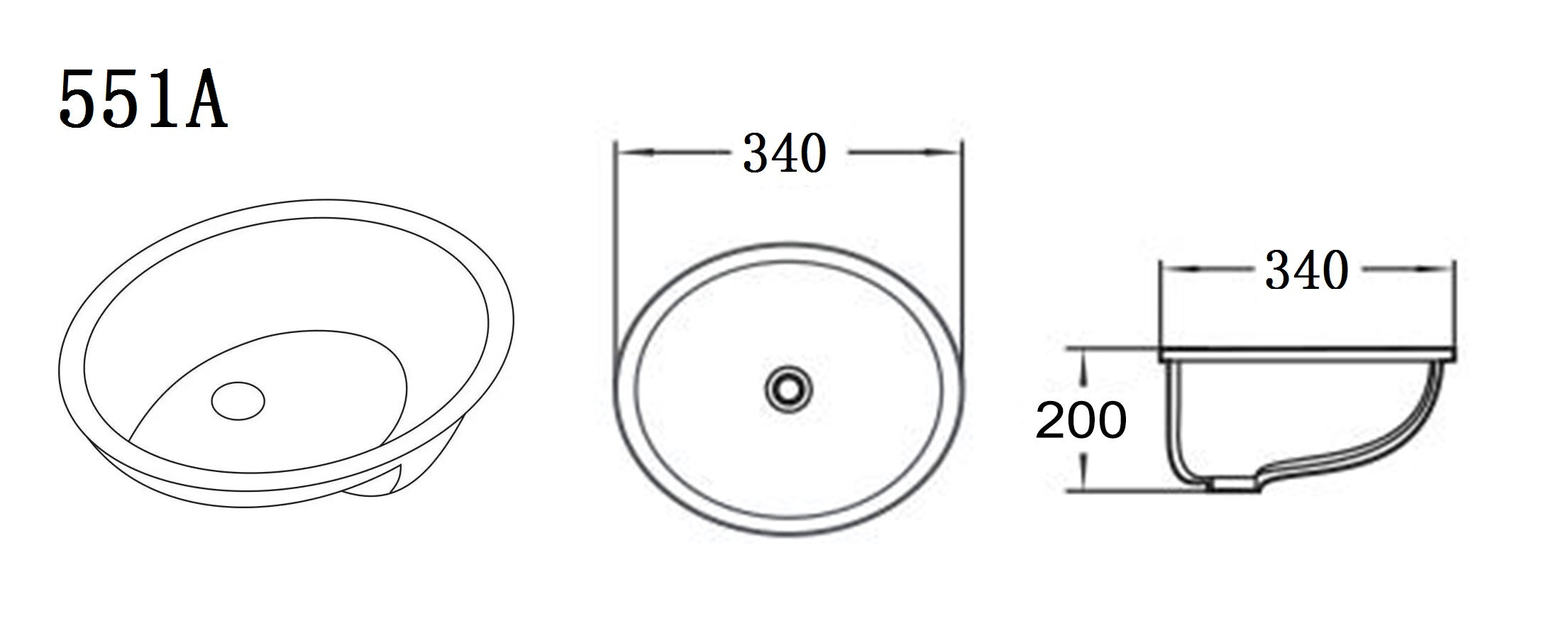 Lukka Elipps 340mm Undermount Basin - Gloss White - line drawing