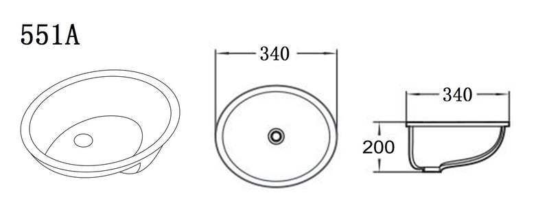 Lukka Elipps 340mm Undermount Basin - Gloss White - line drawing