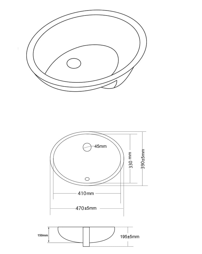 Lukka Elipps 470mm Undermount Basin - Gloss White - line drawing