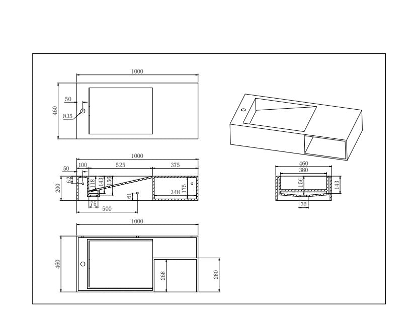 Lukka Crete 1000mm Wall Hung Basin - Matte White - line drawing