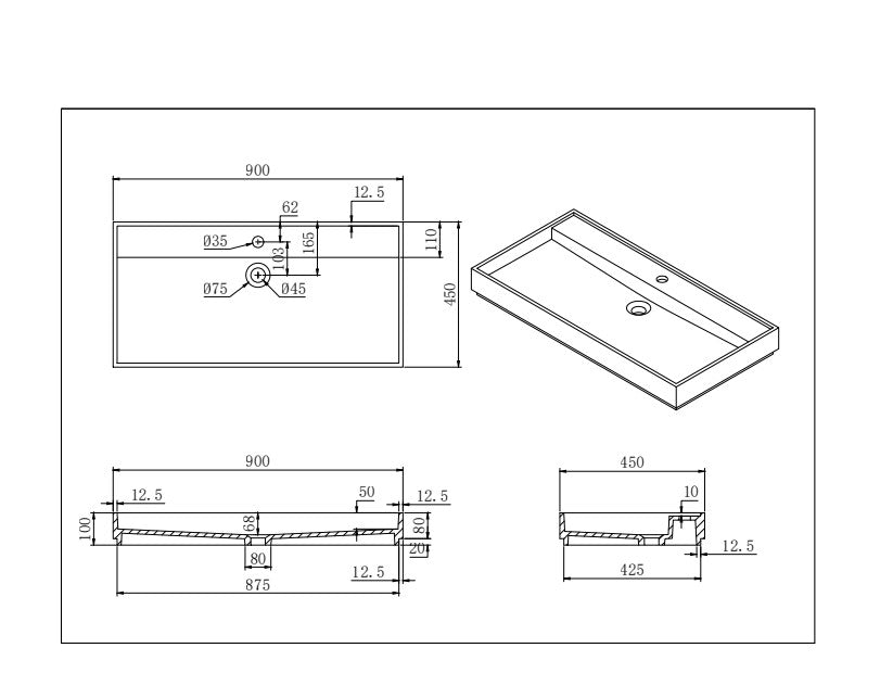Lukka Crete 900mm Wall Hung Basin - Matte White - line drawing