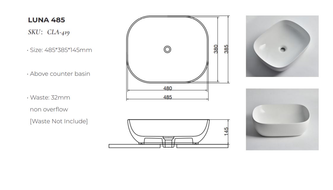 Ovia 485x385x145mm Rectangle Counter Top Basin Gloss White