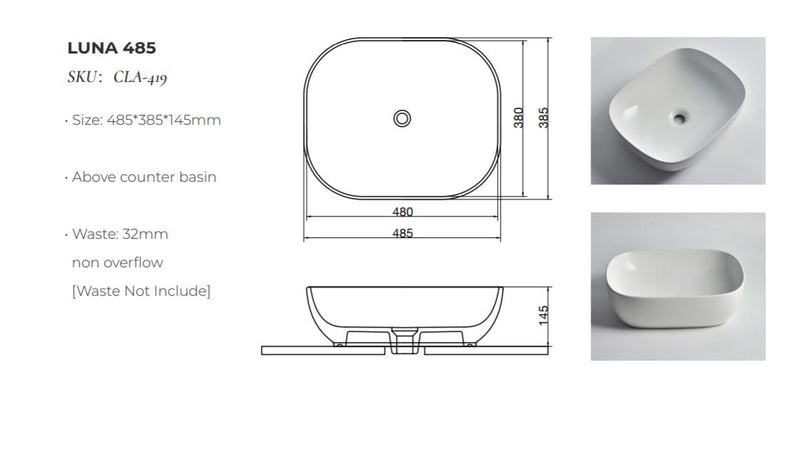 Ovia 485x385x145mm Rectangle Counter Top Basin Gloss White