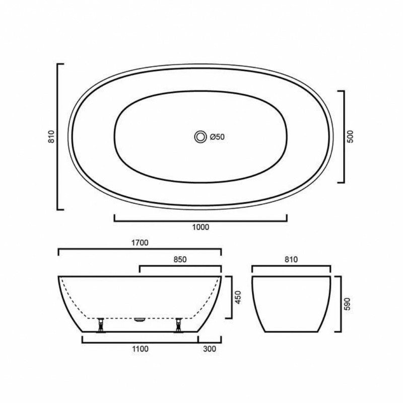 1700x810x590mm Stella Oval Bathtub Freestanding Acrylic Matt Black & Matt White Bath tub NO Overflow