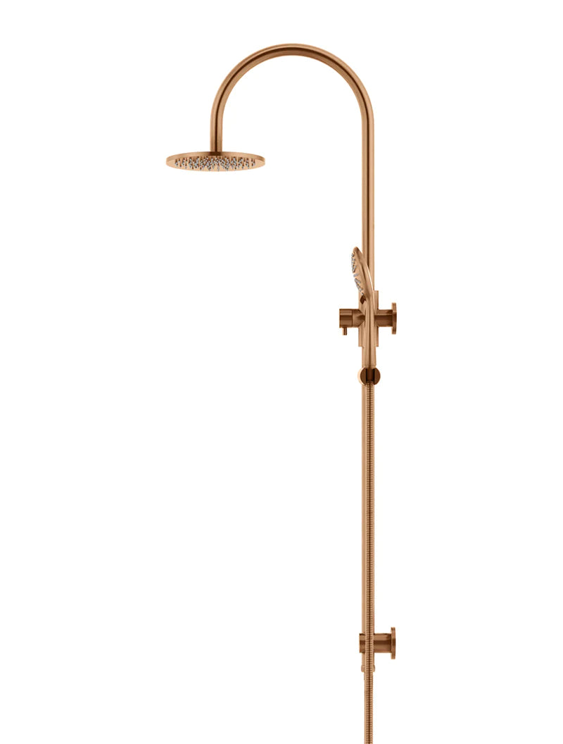 Meir Round Gooseneck Shower Set with 200mm Rose, Three-Function Hand Shower, Lustre Bronze