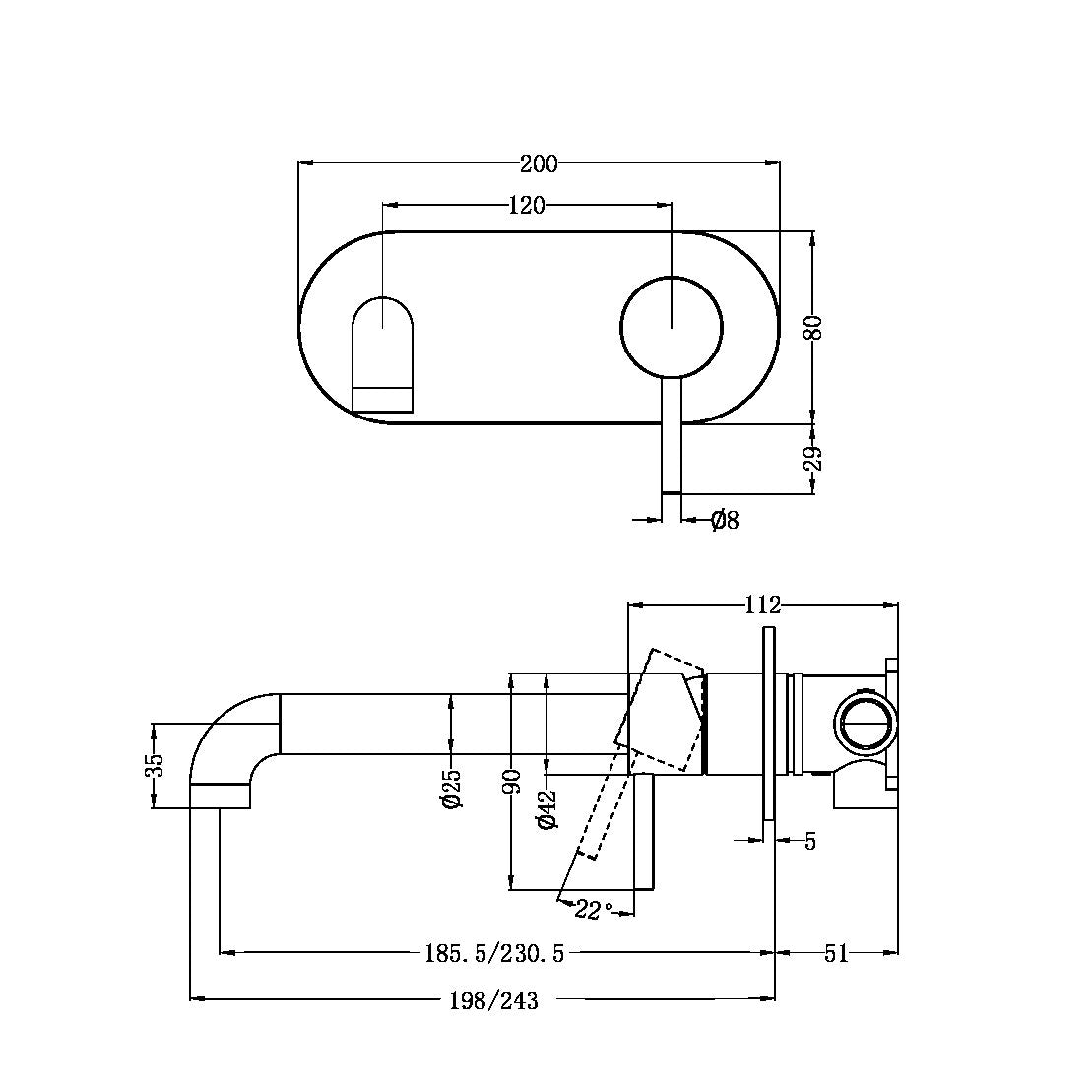 Nero Zen SS316L 230mm Wall Basin/Bath Mixer Spout Graphite