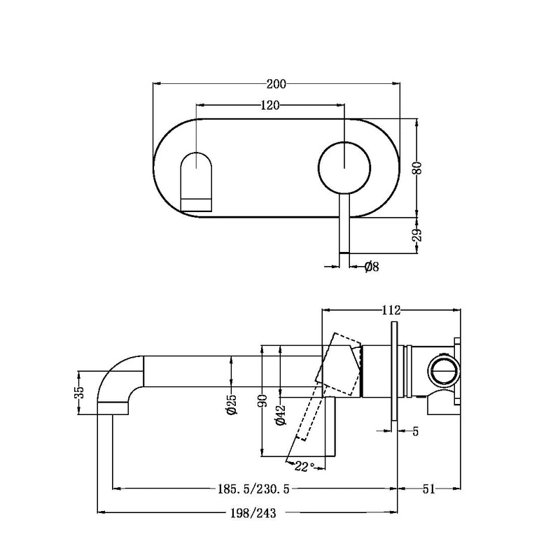 Nero Zen SS316L 230mm Wall Basin/Bath Mixer Spout Graphite