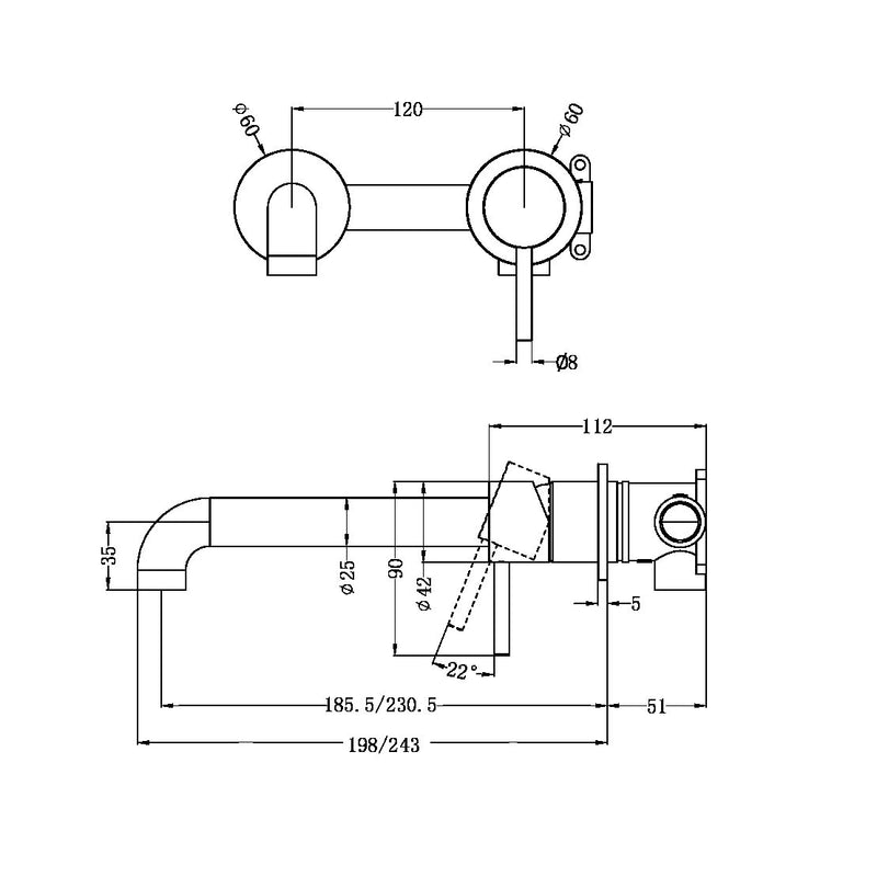 Nero Zen SS316L 185mm Wall Basin/Bath Mixer Separate Back Plate Spout Graphite