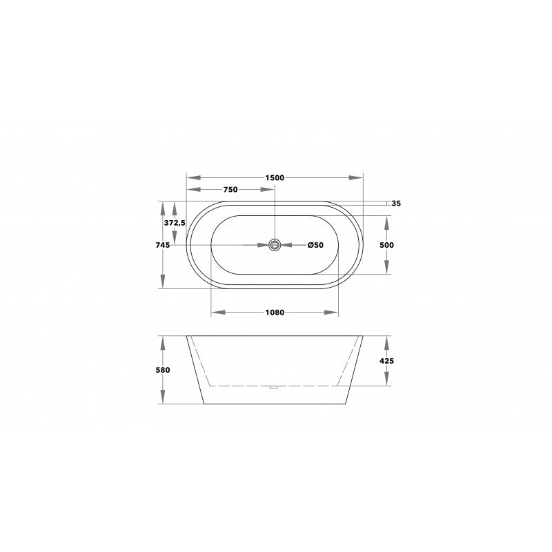 1500x745x580mm Ovia Oval Bathtub Freestanding Acrylic Gloss Black and Gloss White Bath tub NO Overflow