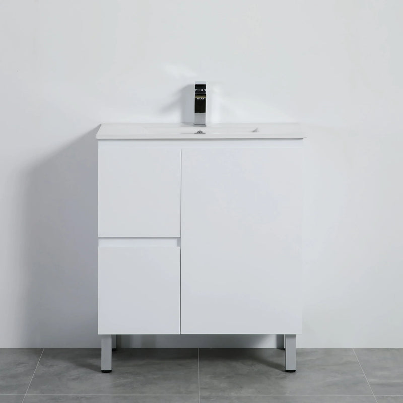 750x460x880mm Bathroom PVC Vanity Thin Ceramic Top/Poly Top Freestanding White Polyurethane Left Side Drawers