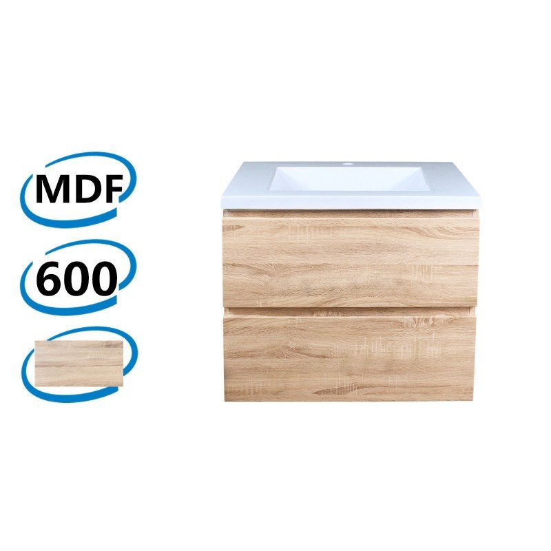 600x460x540mm Wall Hung Bathroom Vanity Ceramic / Poly Top Wood Grain White Oak PVC Filmed MDF Board