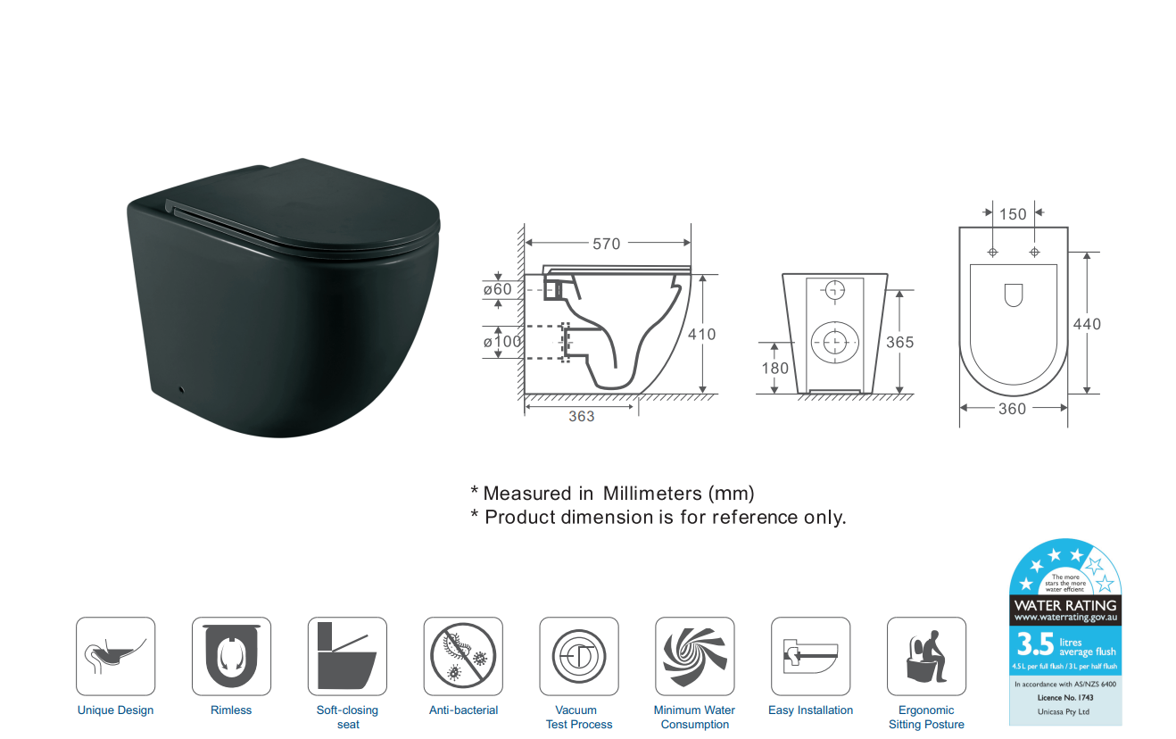 Norton Quiet Flush Rimless Tornado Floor Pan Only - Matte Black