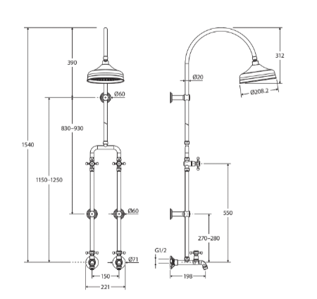 Fienza Lillian Exposed Rail Shower & Bath Set, Urban Brass